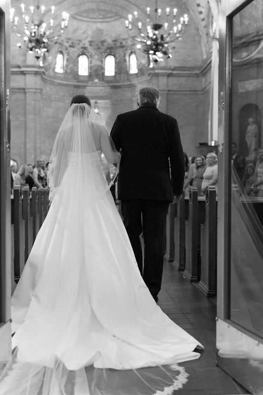 Father of the Bride, Bride, Walking Down the Aisle, Wedding Day Photography, Basilica of St. Mary, Church Wedding, Catholic Wedding, White Dress, Black and White Photography, Black Suit, Church Pews, Double Doors, Knot Too Shabby Events, Wilmington Wedding Planner, NC Wedding Planer, 