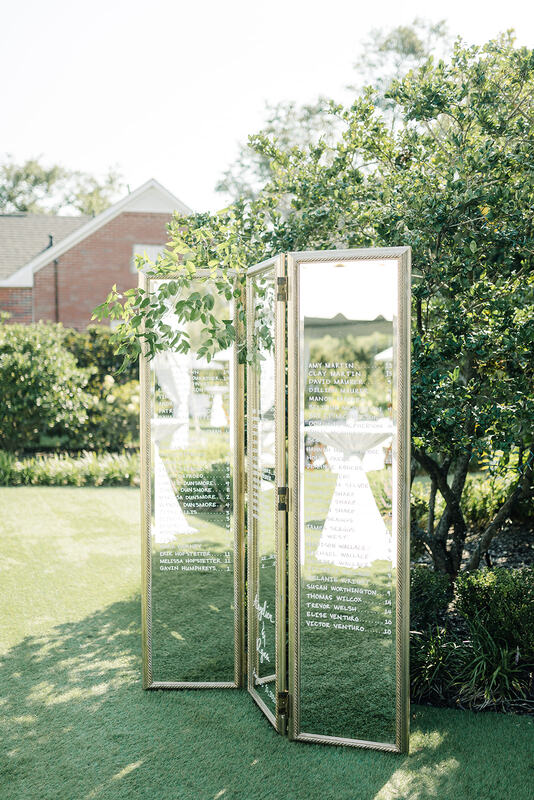 Knot Too Shabby Events, Wrightsville Manor, Wilmington Wedding, NC Wedding, Mirror, Mirror Sign, Tri-Fold Mirror, Floor Length Mirror, Seating Mirror, Table Mirror, Outdoor Reception, Seating Chart, Table Chart, Calligraphy, Mirror Sign, Outdoor Seating, Modern, Boho, Simple, Elegant