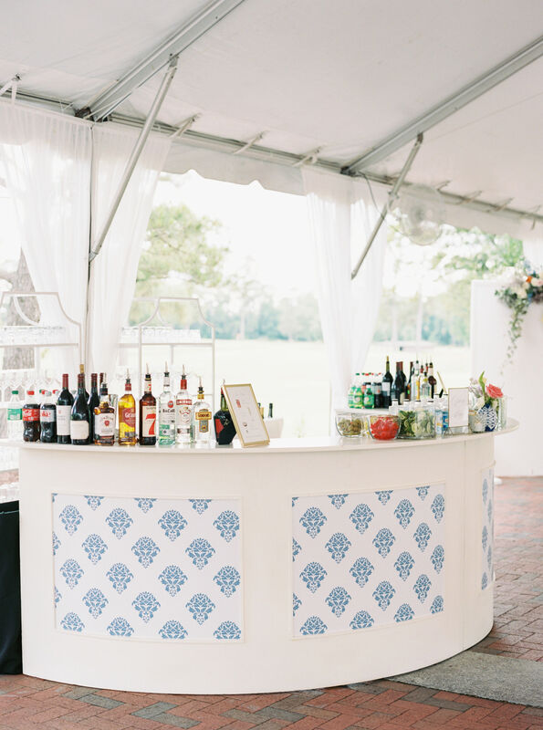 Tented Cocktail Hour, Rented Half Moon Shaped Bar, Vinyl Light Blue Decal Stickers, Open Bar, Bar Sign, Bar Decor, Wedding Details, Wedding Decor, Cobblestone Outdoor Area, Cape Fear Country Club, Knot Too Shabby Events, Wilmington Wedding Planner, NC Wedding Planer, 