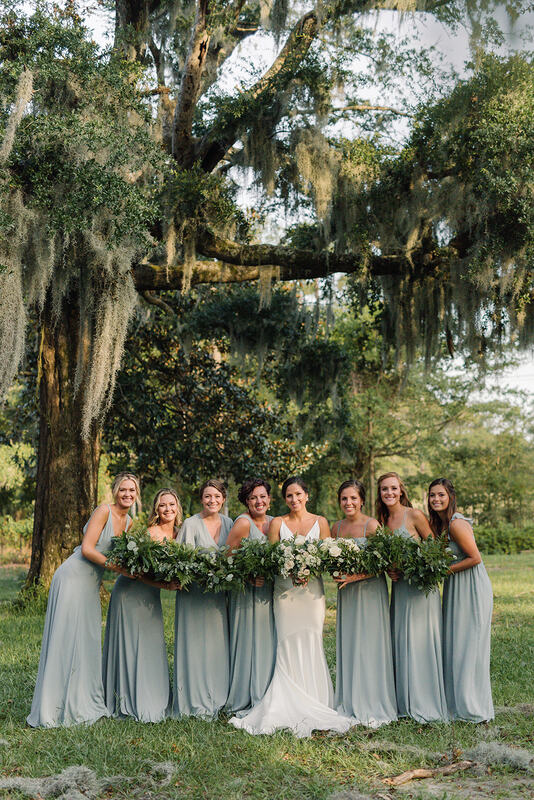 Knot Too Shabby Events, Wrightsville Manor, Wilmington Wedding, NC Wedding, Outdoor Wedding Photos, Bridesmaids, Bridesmaids Photos, Bride Bouquet, Bridesmaid Bouquets, Greenery, Flowers, Florals, Flower Ideas, Wedding Flowers, White, Green, Blue, Gold, Bridal Party, Modern, Boho, Simple, Elegant